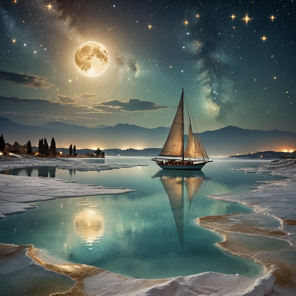 Majestic Sailboat on Moonlit Lake: Fantasy Illustration