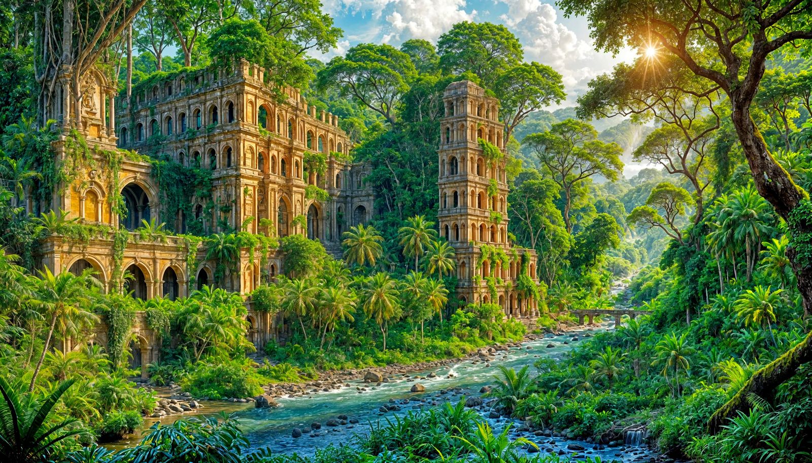 Ancient ruins near jungle river