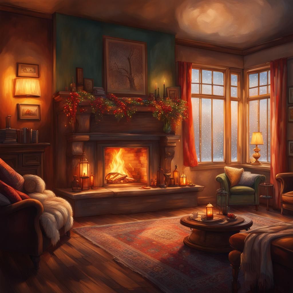 Cozy Indoor Room with Fireplace in Hyperrealistic Style