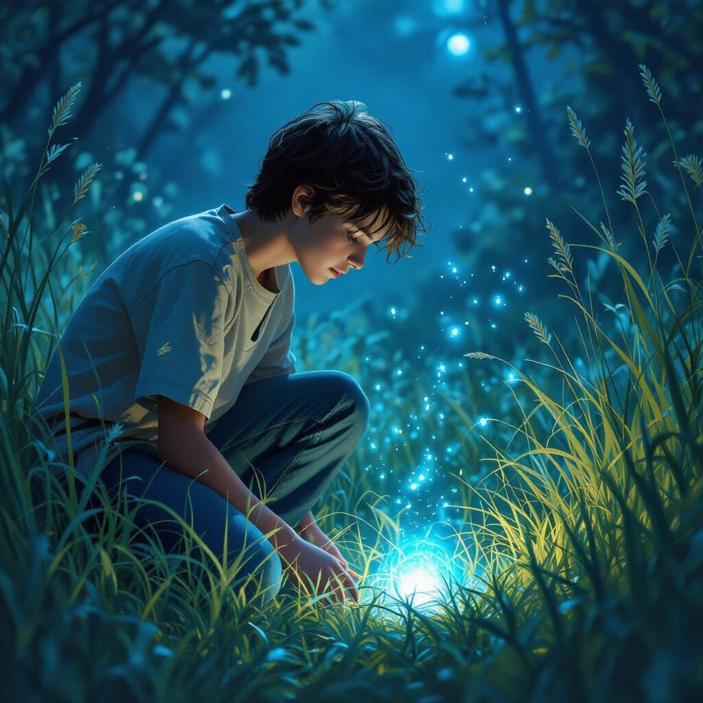 Arthur Kneeling by Moonlit Minimoy Entrance