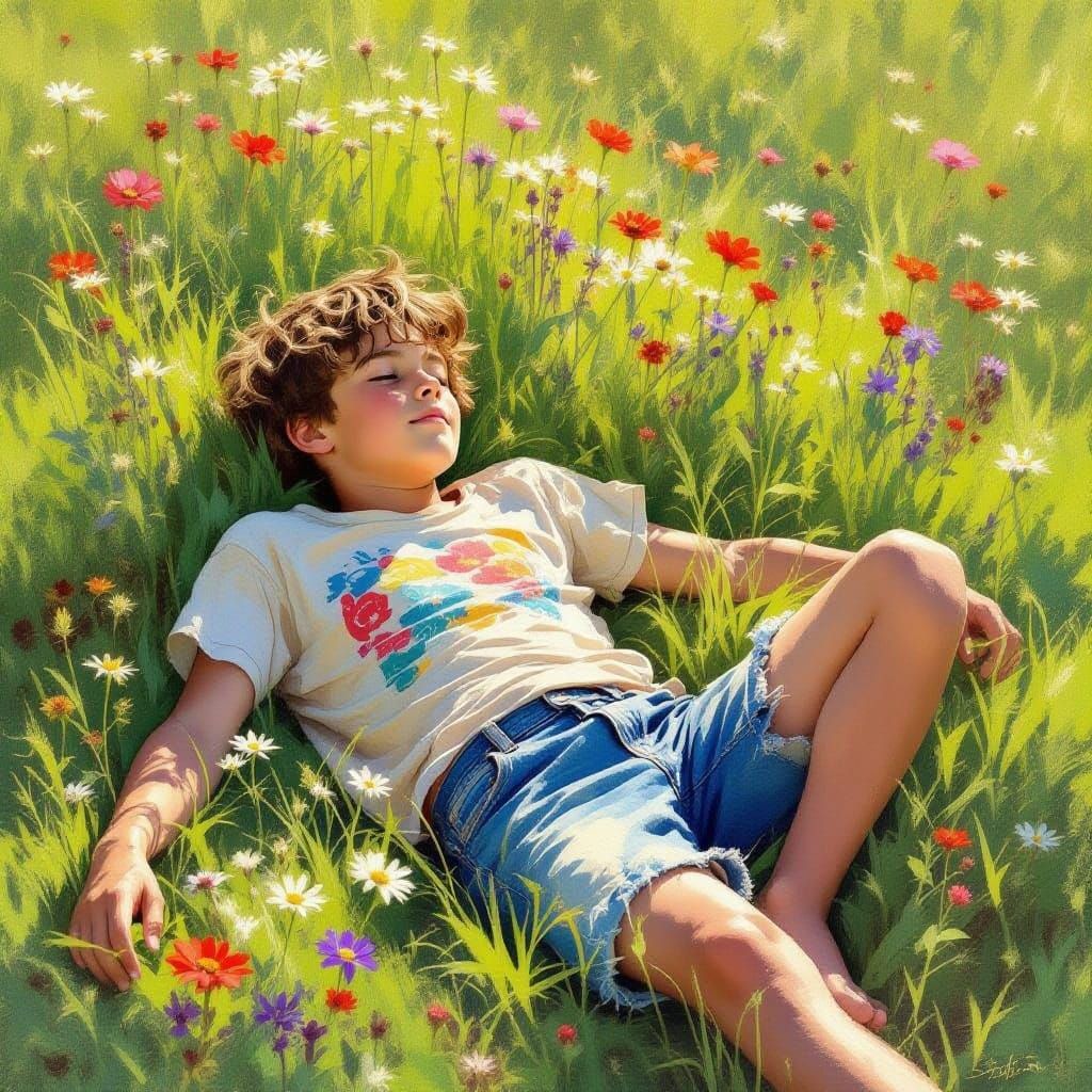 Barefoot Boy in Meadow, Impressionist Digital Art