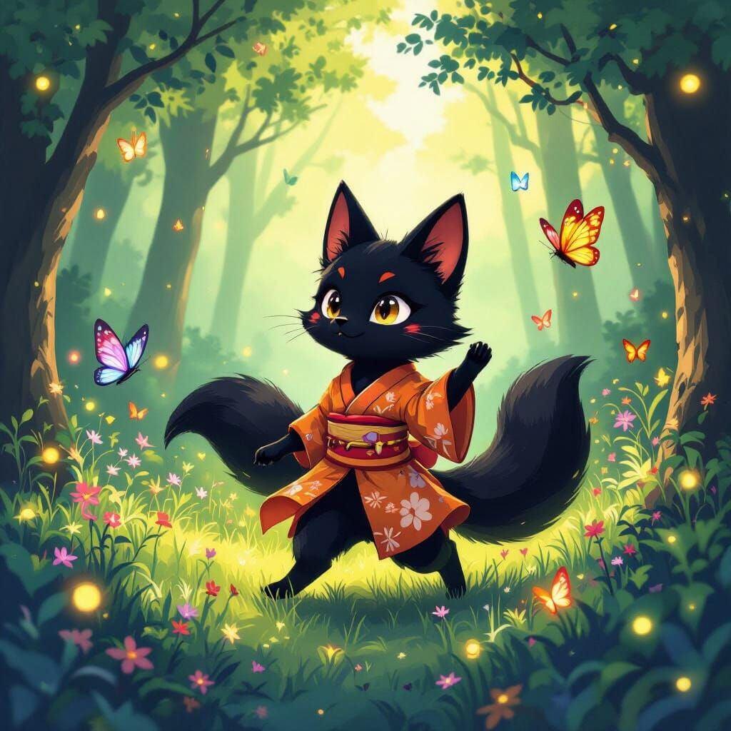 Playful Kitsune Chasing Butterflies in Whimsical Forest