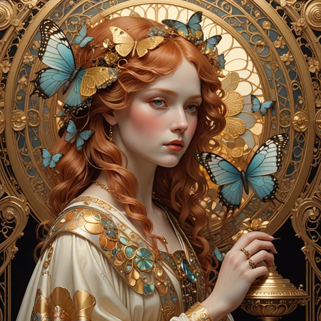 Art Nouveau Redhead with Baroque Gramophone and Giant Butter...