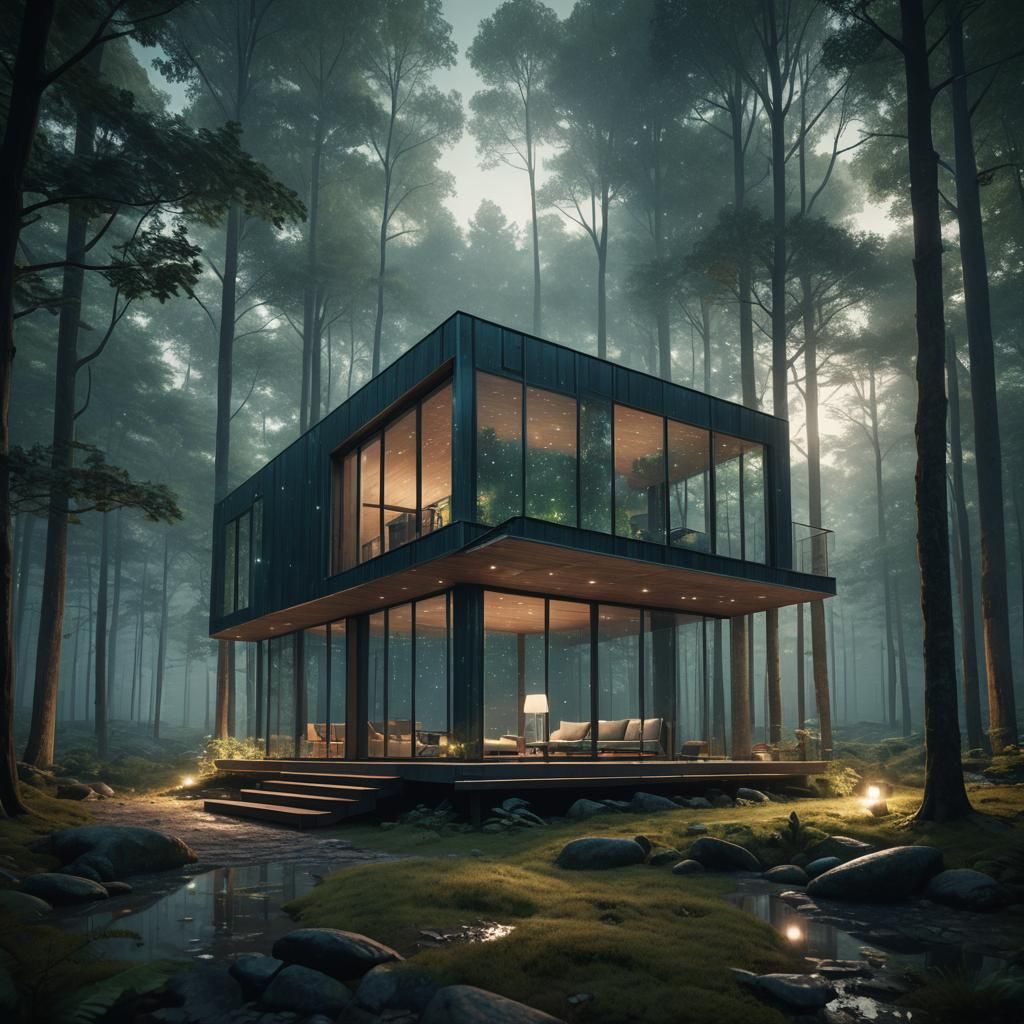 Minimalist Glass Cabin in Forest: Hyper-Realistic Matte Pain...