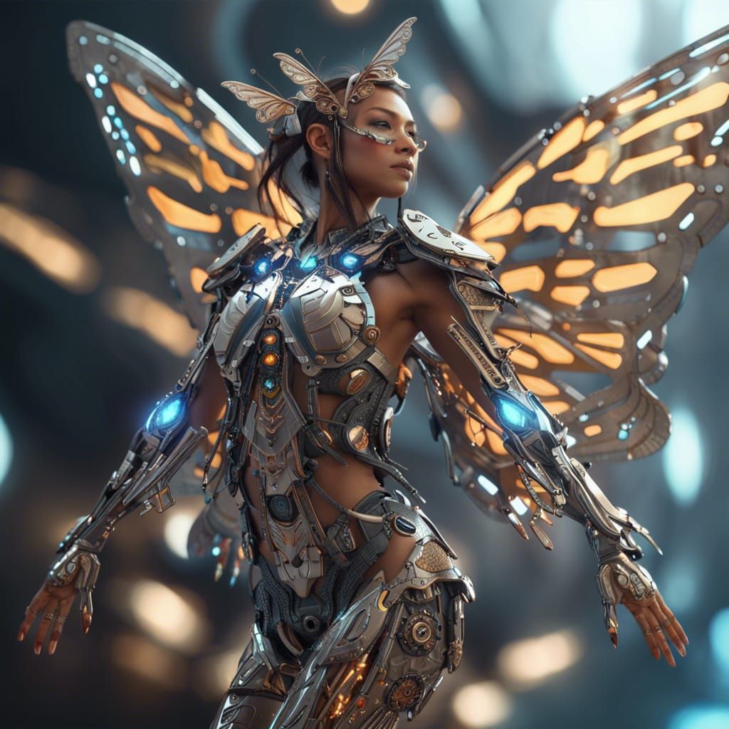 Futuristic Shaman Woman with Mechanical Butterfly Wings
