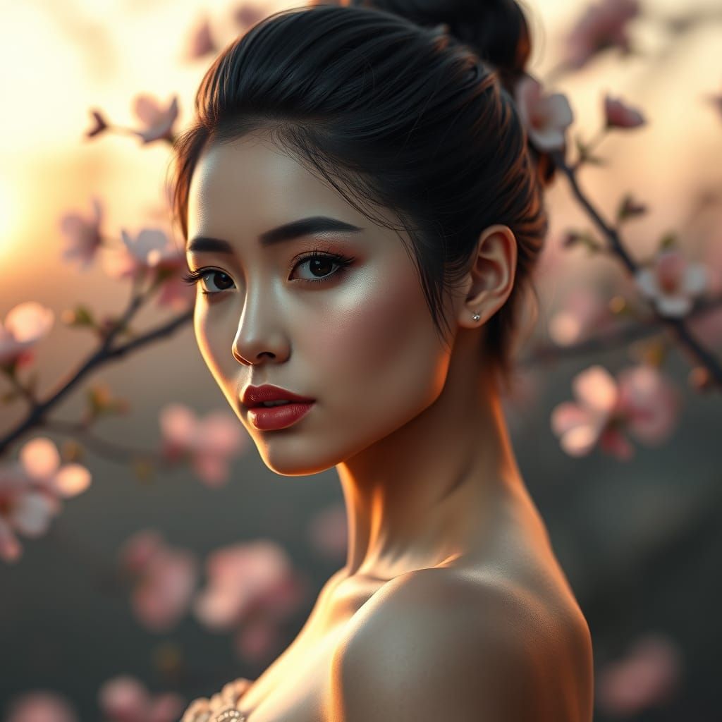 Ethereal Cherry Blossom Portrait in Soft Sepia Tones
