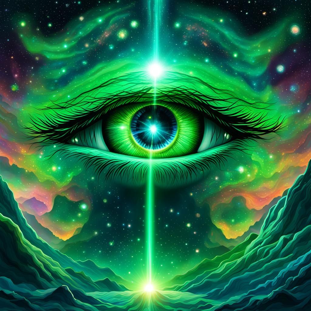 Green Eyes Reflecting a Cosmic Galaxy: Holographic Illustrat...