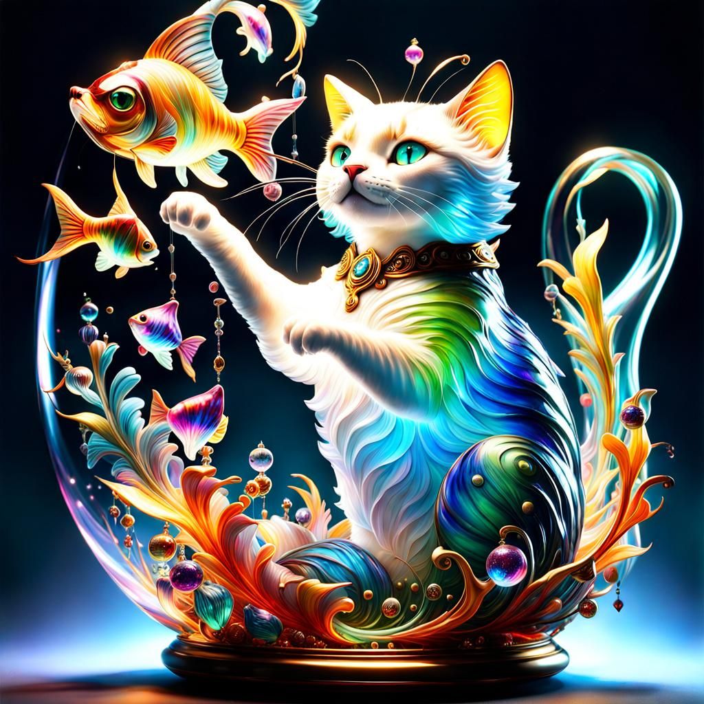 Illuminated Glass Cat Catches Fish: Fantasy Artwork