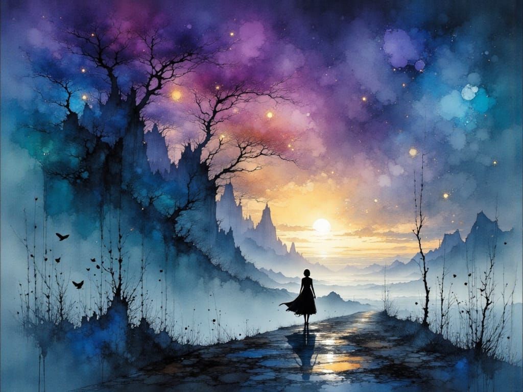 Dreamlike Figure in Blue and Violet Watercolor