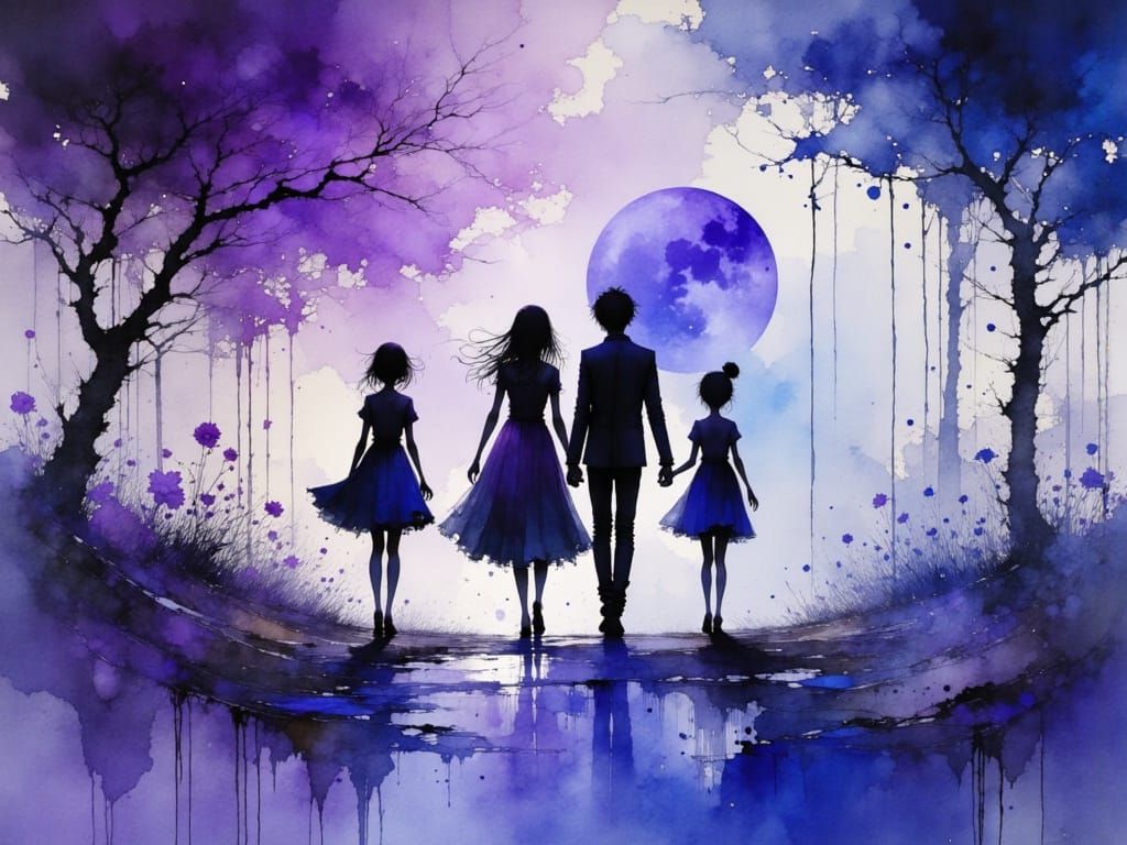 Ethereal Figures in Swirling Watercolor Landscape