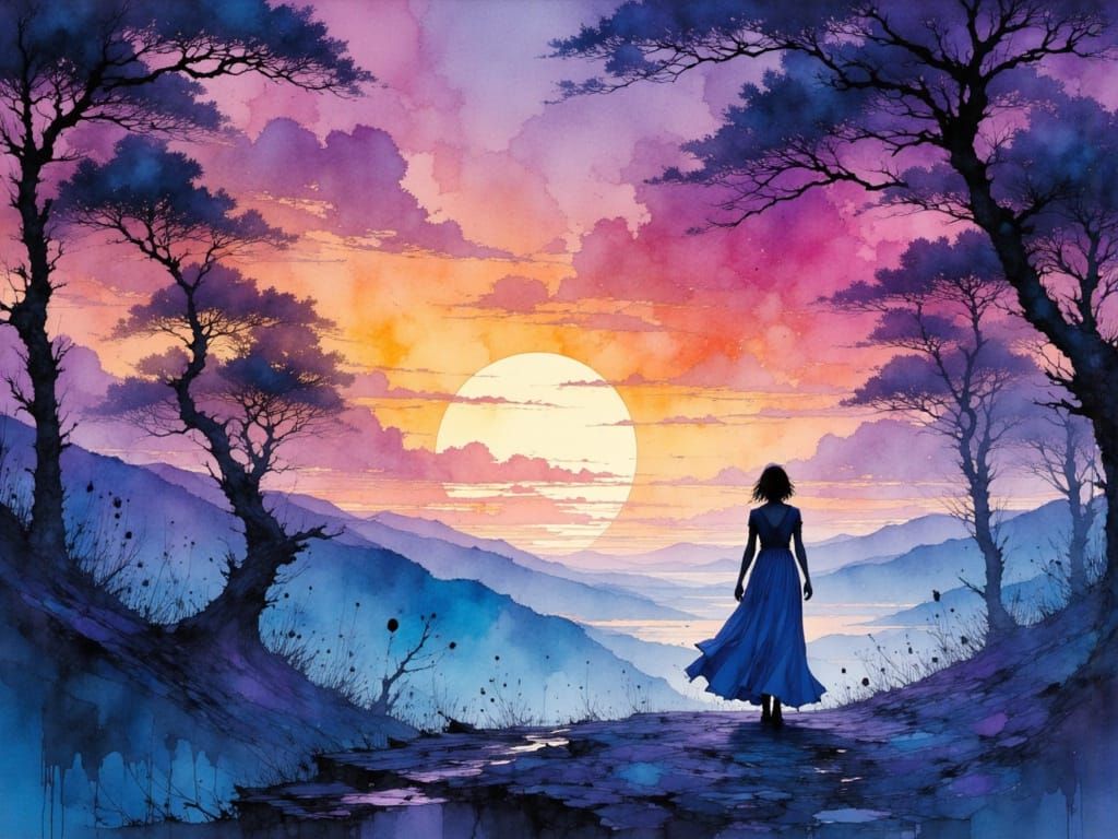 Dreamlike Figure Walks Toward Watercolor Horizon