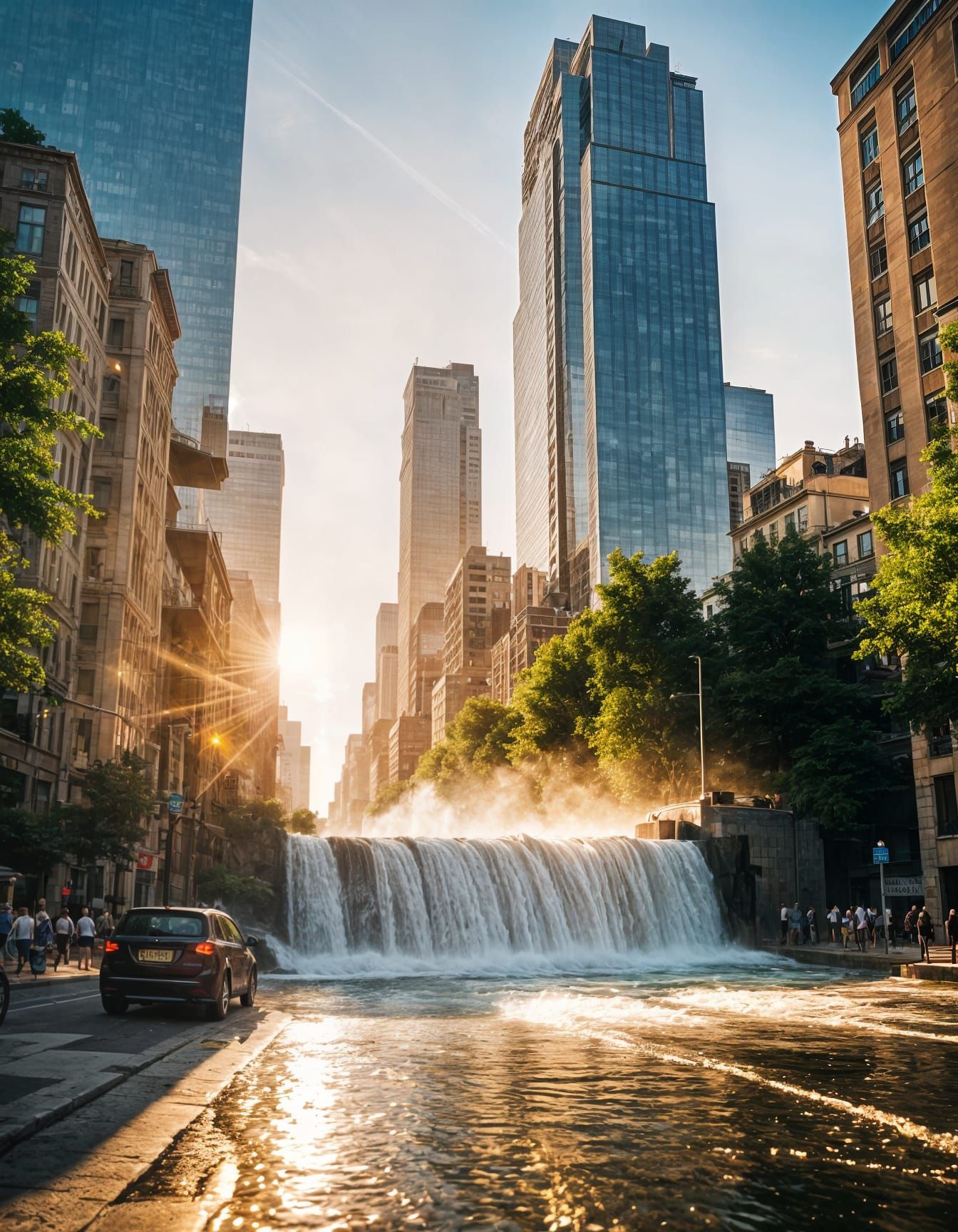 Cinematic Cityscape: Waterfall on a Modern Street