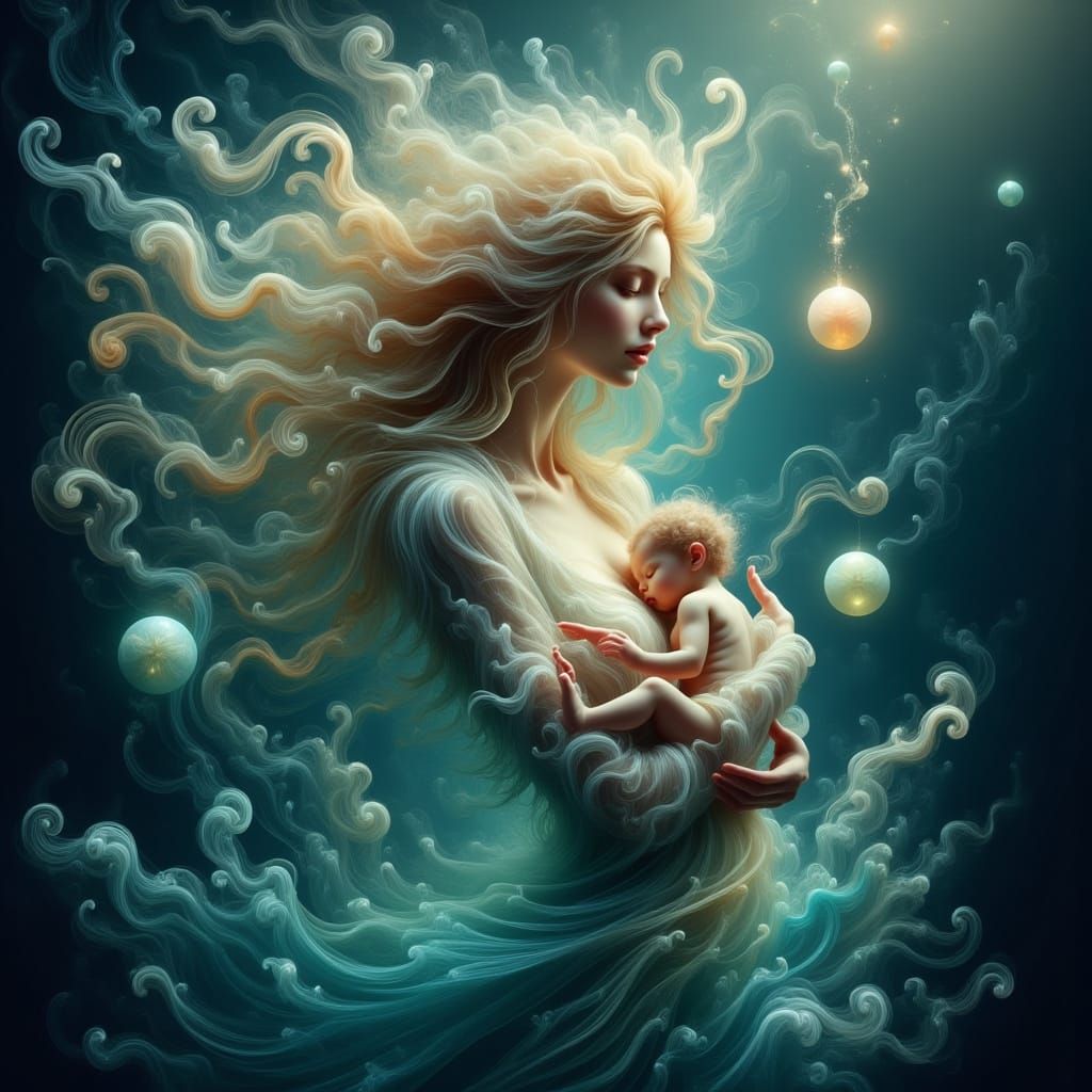 Goddess Emerges from Ocean with Newborn in Electric Light