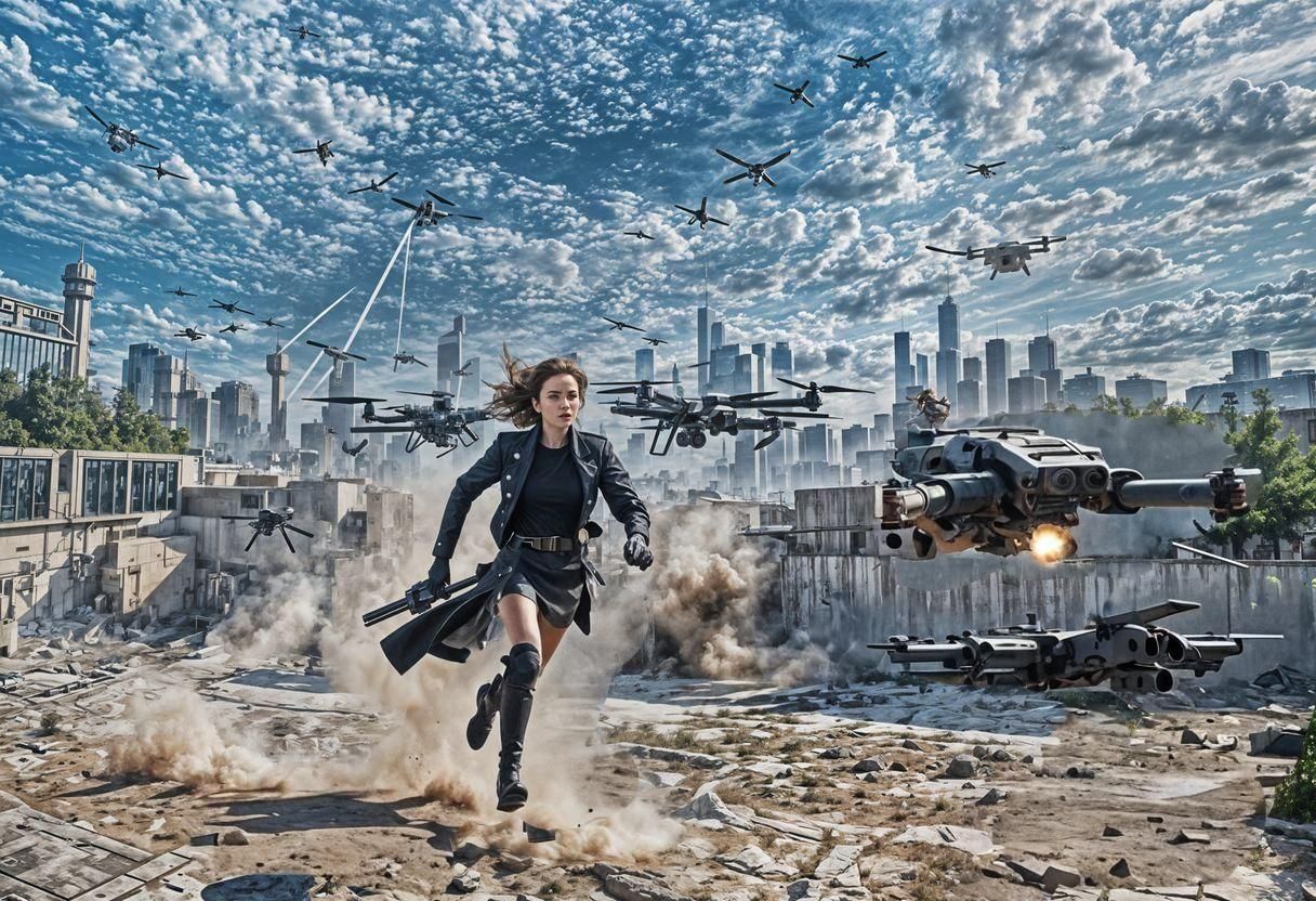 Woman Running with Futuristic Weapon and Drones