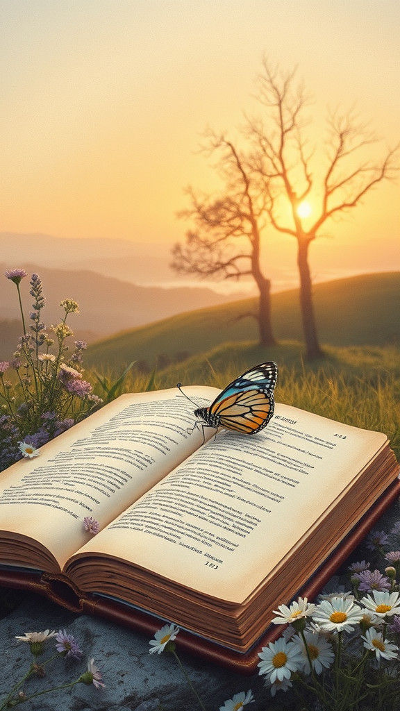 Open Book Among Wildflowers in Pre-Raphaelite Style