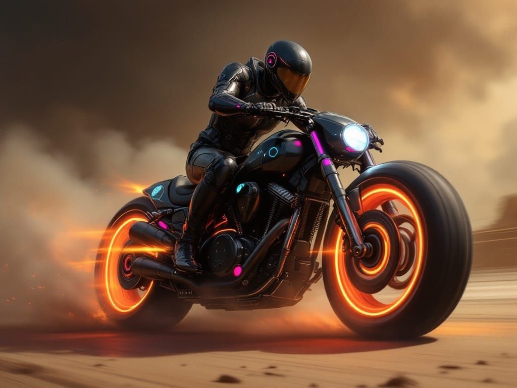 Dramatic Futuristic Motorcyclist in a Fiery Nighttime Chase