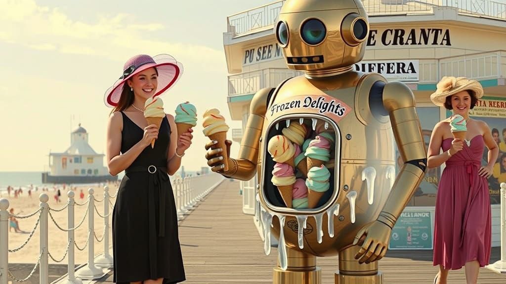 Edwardian Women Buy Ice Cream from Robot, Art Nouveau Style