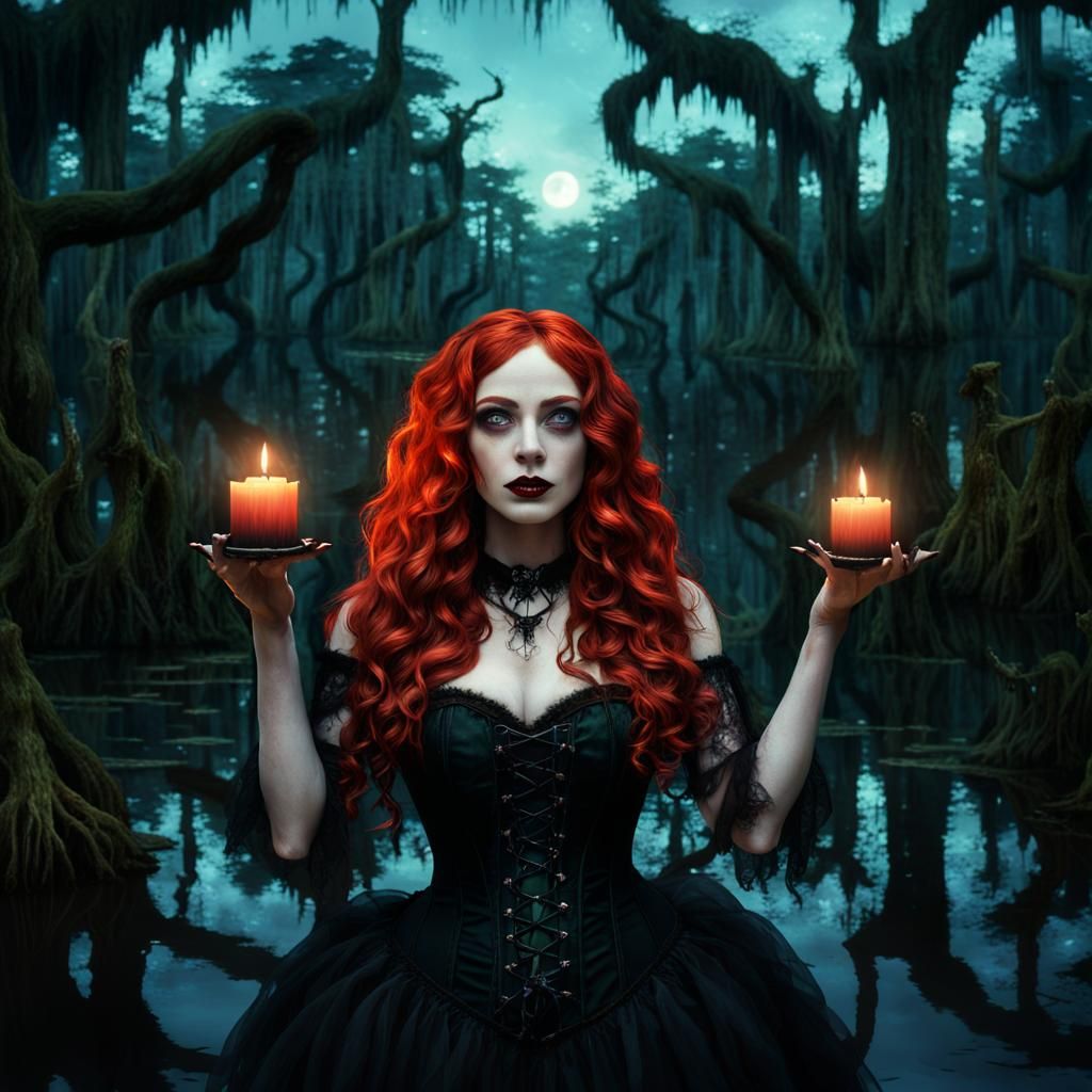 Cajun Bayou Witch Summoning Ghosts: Fantasy Art