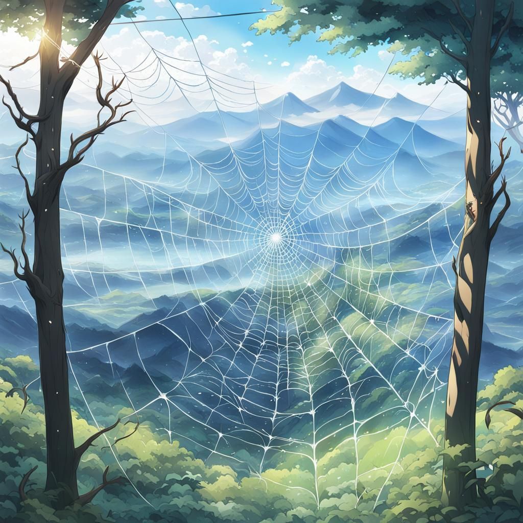 Spiderwebs with Dew in Anime Style