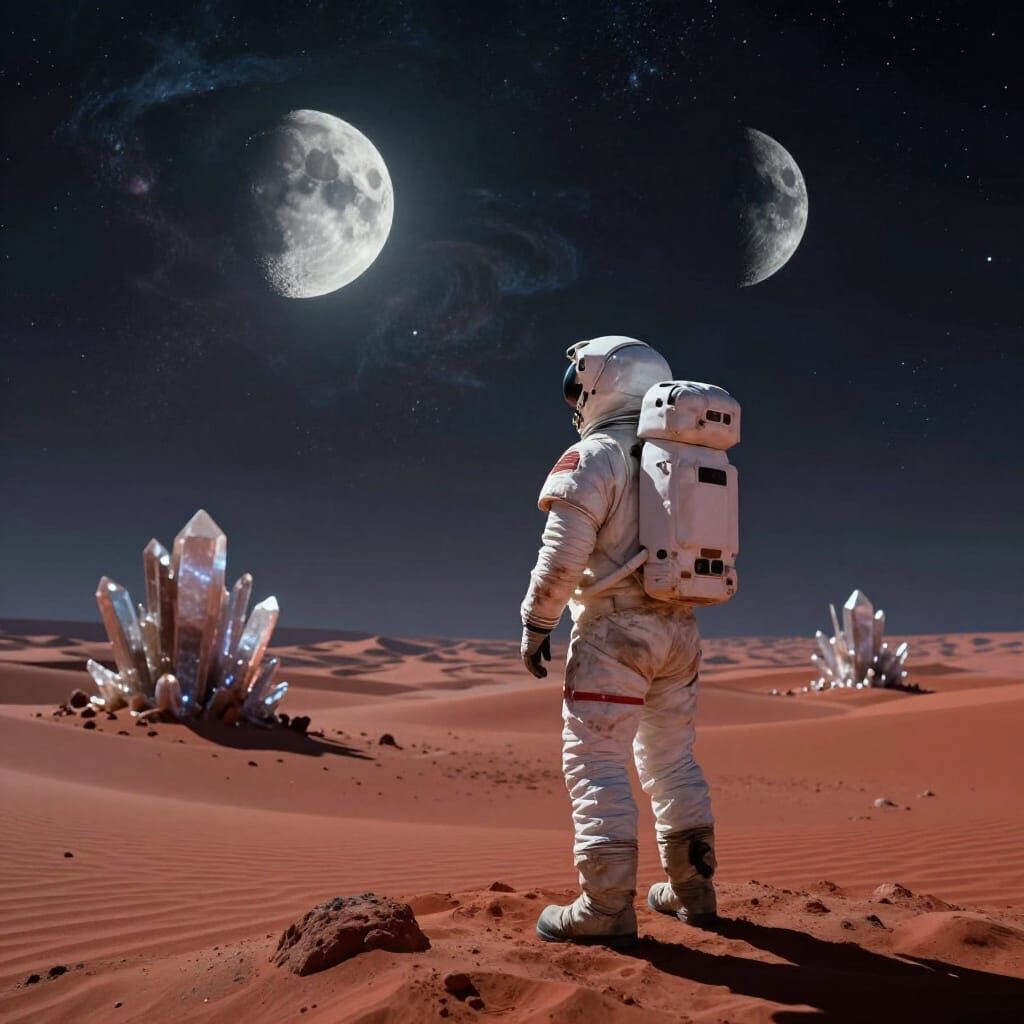Astronaut Gazes at Alien Sky with Two Moons