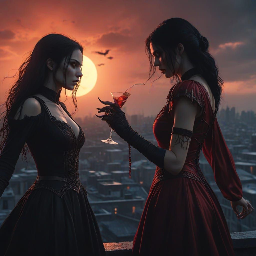 Vampire Women Fight on Rooftop in Gothic Style