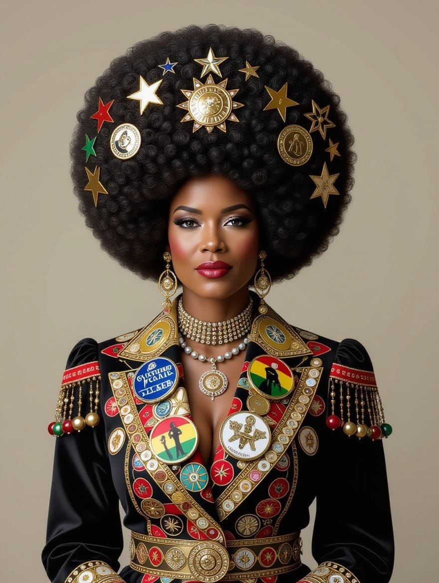 Angela Davies Afro with Civil Rights Symbols