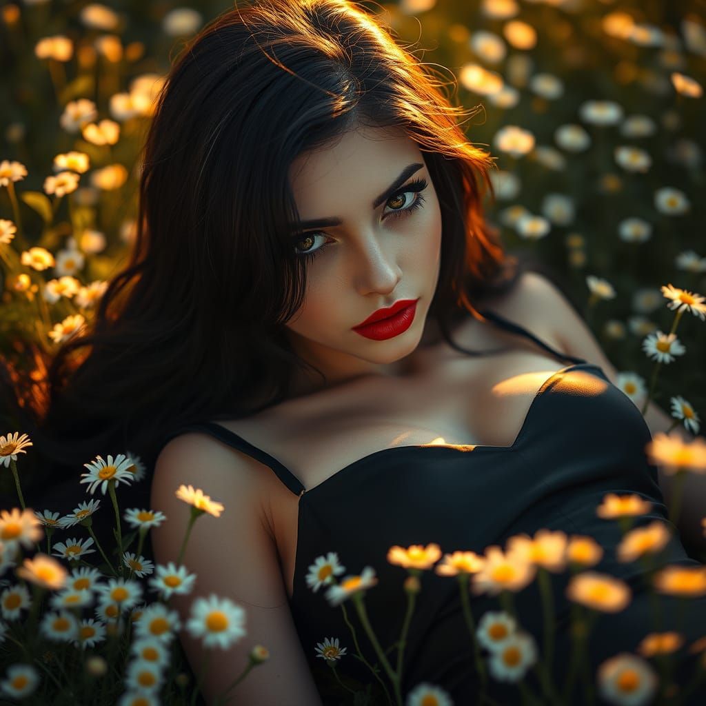 Seductive E-Girl in Lush Field of Daisies