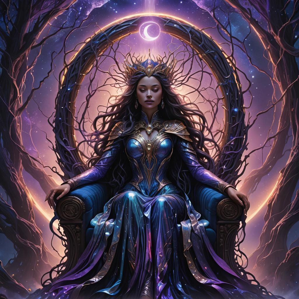 Mystical Queen on Root Throne in Dreamscape