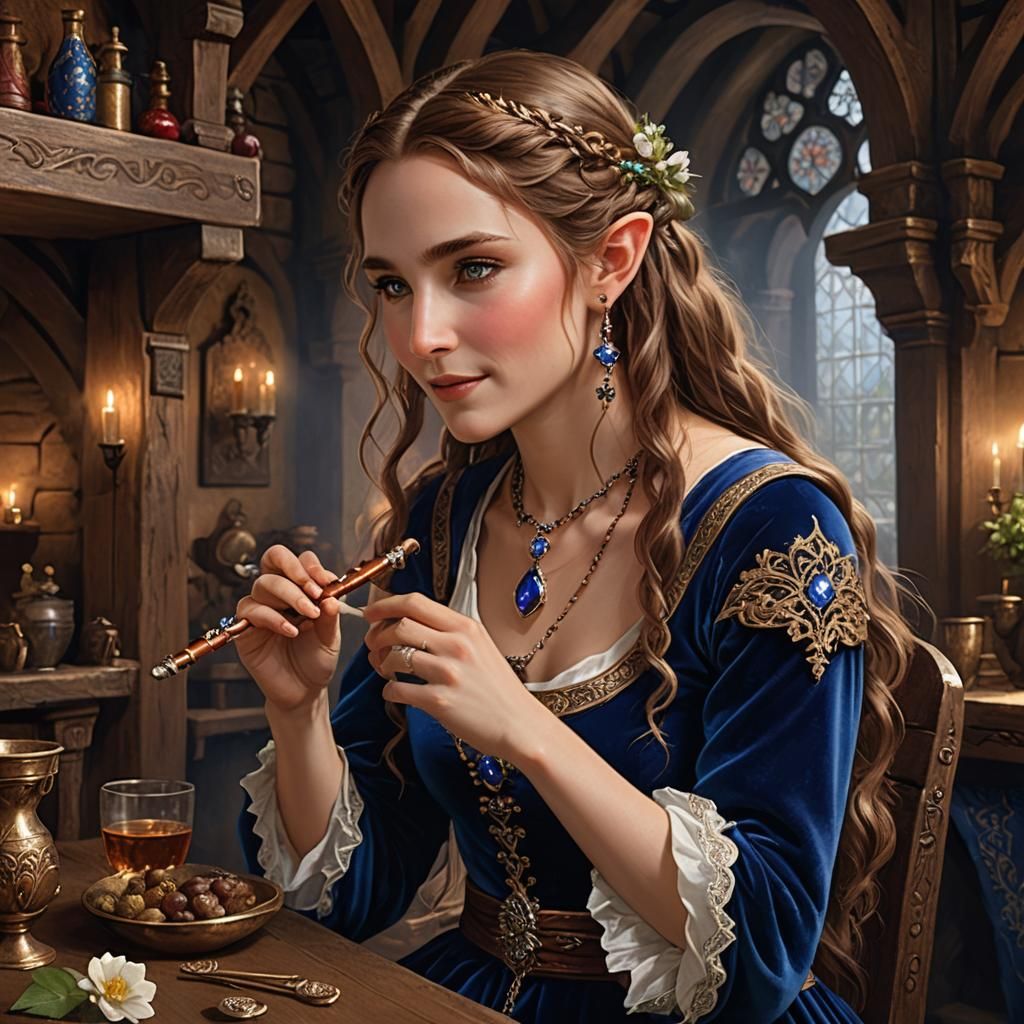 Elven Woman Plays Flute in Tavern, Ethereal Fantasy Style