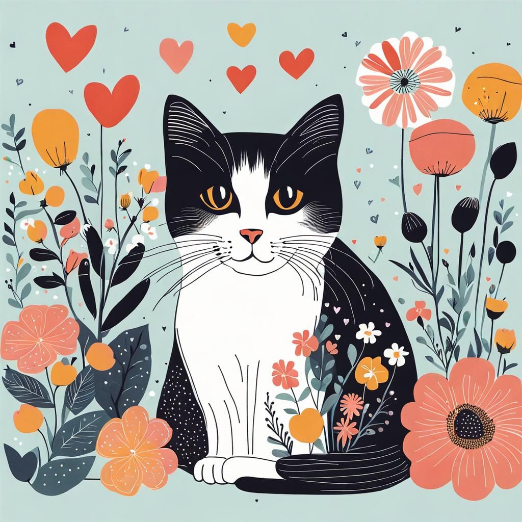 Cute Cat with Flowers in Scandinavian Textile Art