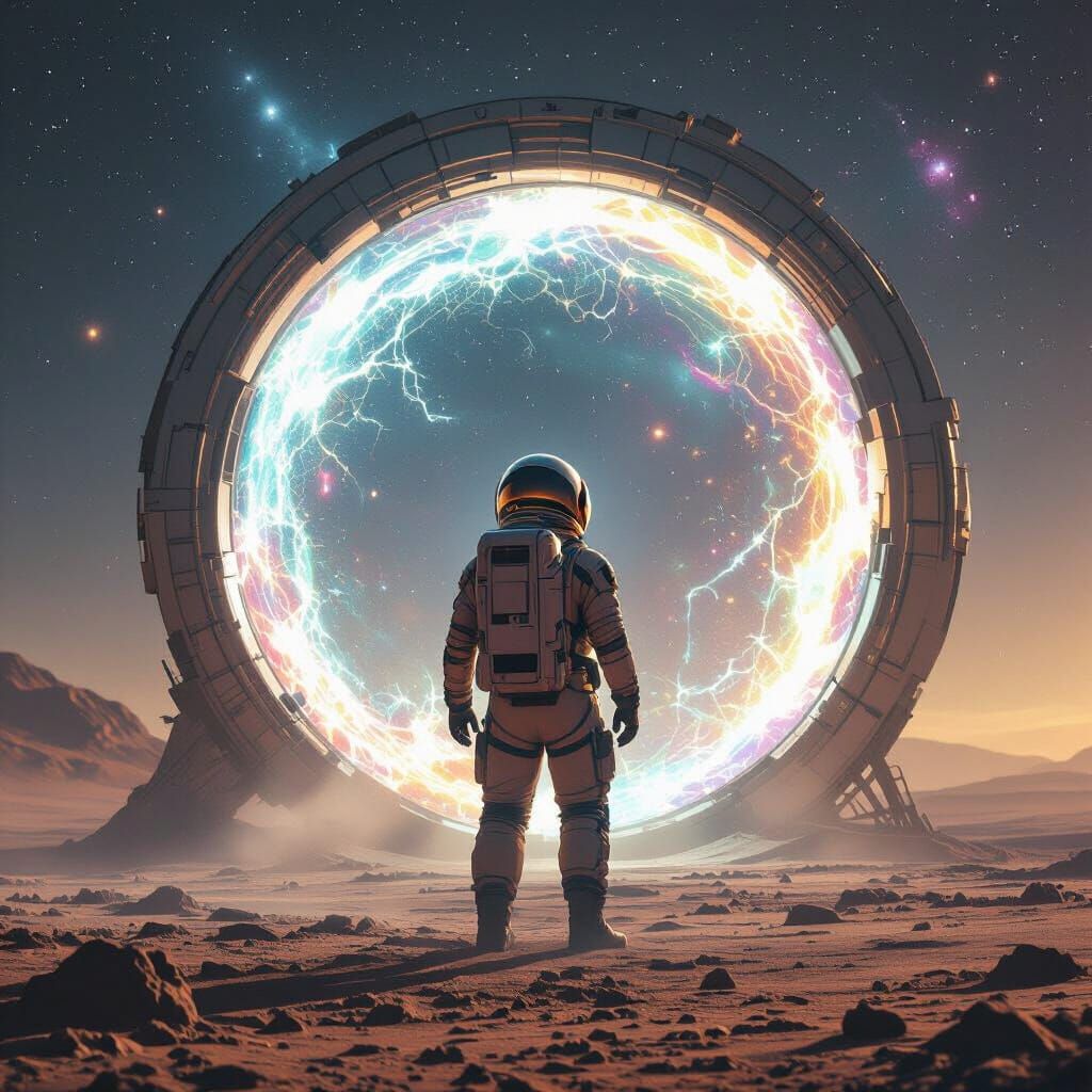 Astronaut and Cosmic Portal on Alien Planet