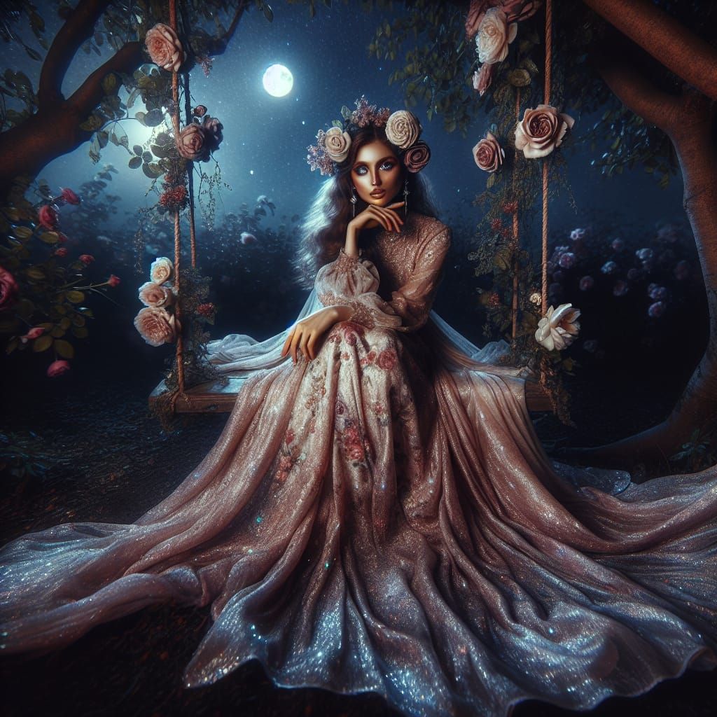 Celestial Woman in Moonlit Garden, Ultra Realistic