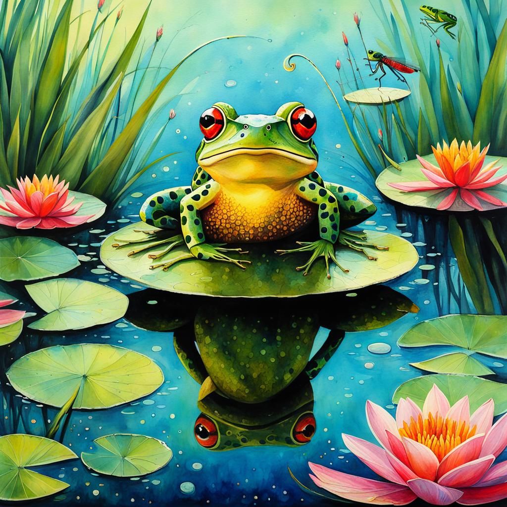 Dragonfly and Frog Friends in Pond, Surreal Illustration