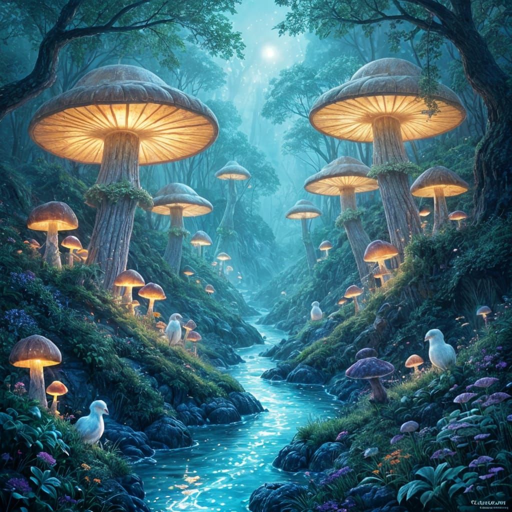 Hidden Valley of Glowing Mushrooms at Twilight