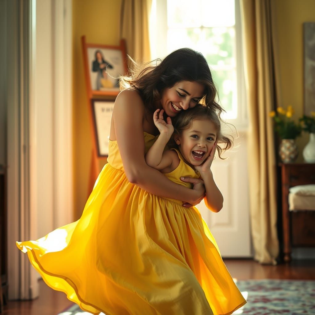 Mother and Daughter Share Joyful Moment in Sunlit Room