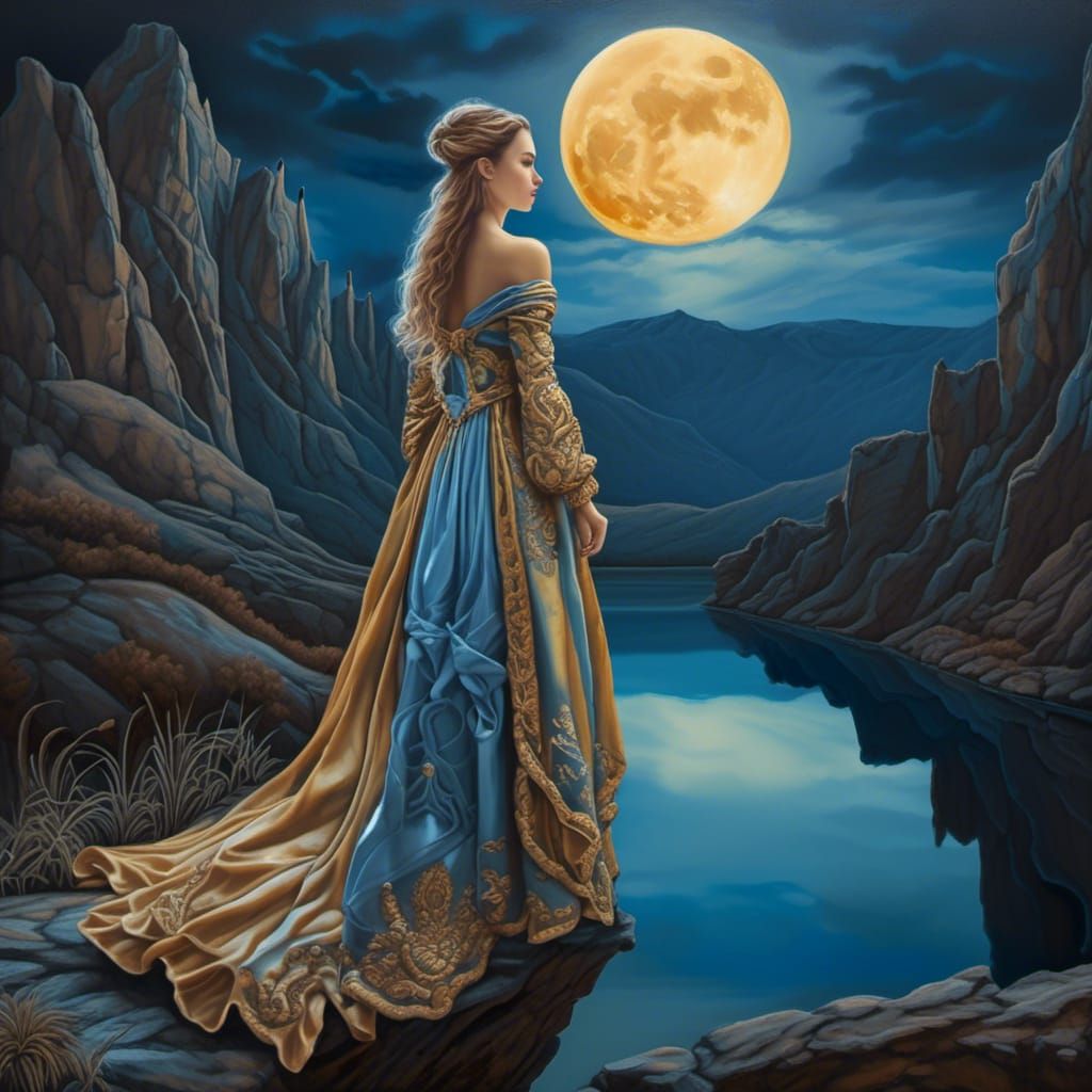 Mysterious Woman Overlooking Moonlit Lake as Oil Painting