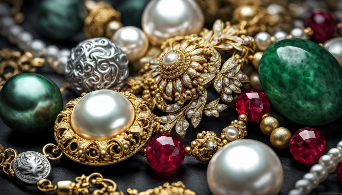 Hyperrealistic Gold Silver Pearl Platinum Jade Ruby Composit...