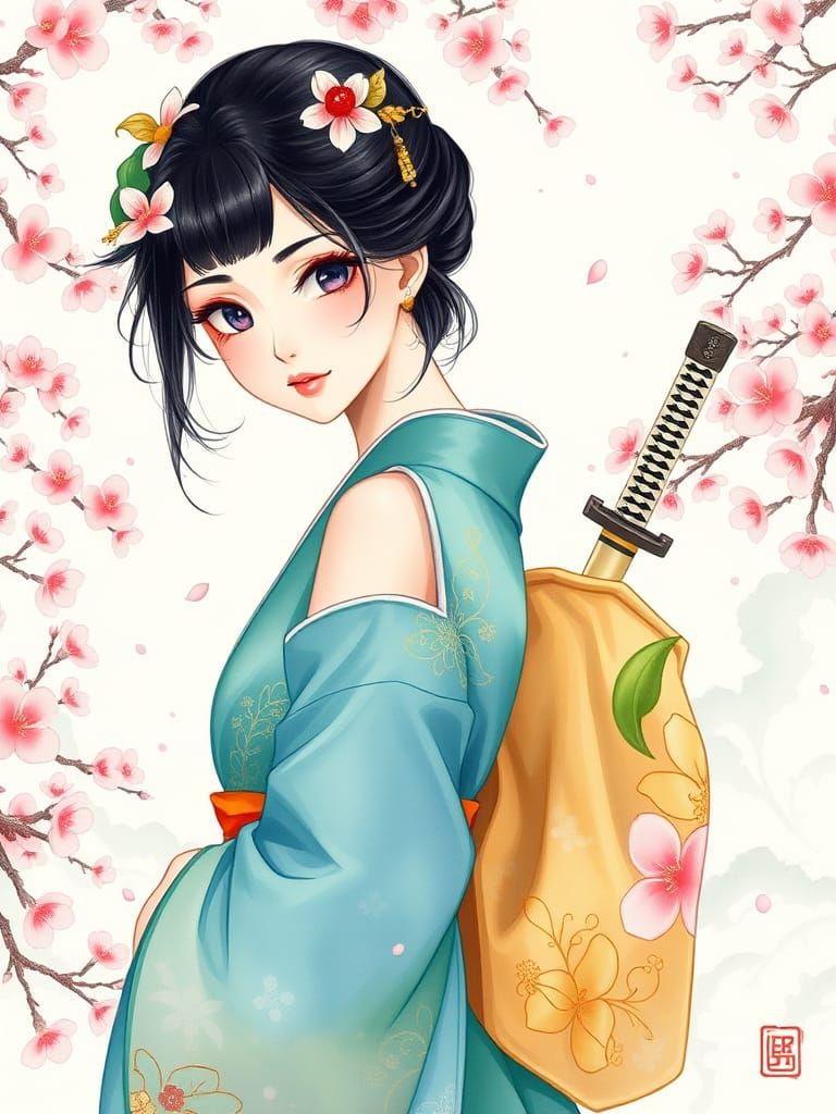 Elegant Japanese Princess in Pastel Kimono Amidst Cherry Blo...
