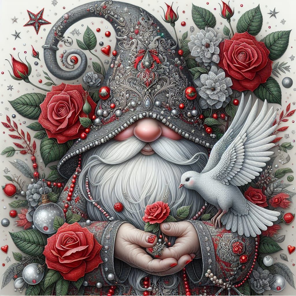 Whimsical Gnome with Dove in Hyperrealistic Rendering