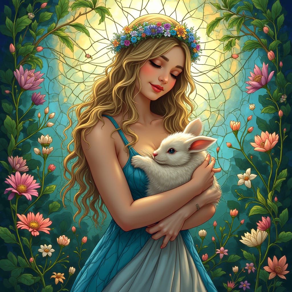 Spring Goddess Ostara Cradles Fluffy Rabbit in Vibrant Stain...