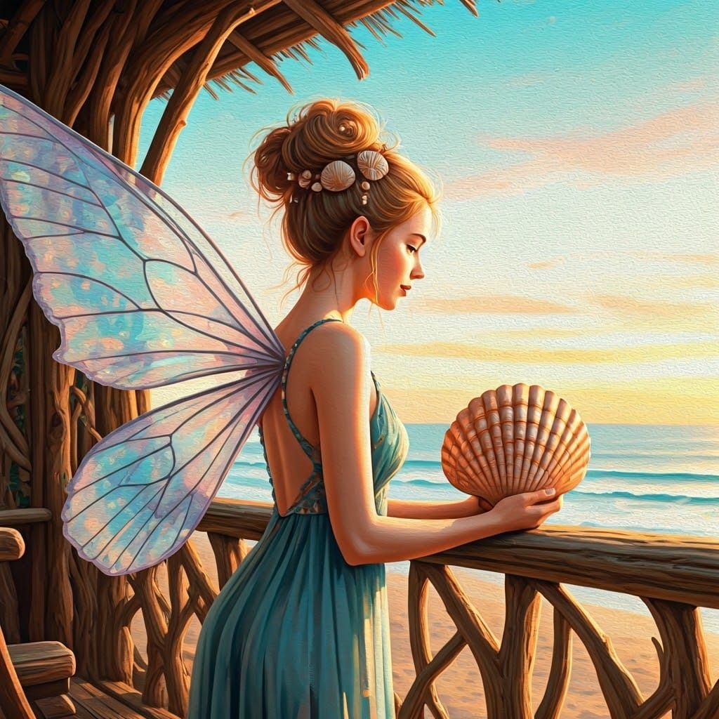 Luminous Seashell Fairy Sipping Coffee at Sunset