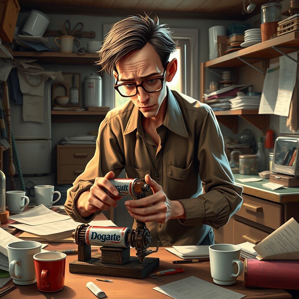 Inventor's Whimsical Morning in Cluttered Kitchen