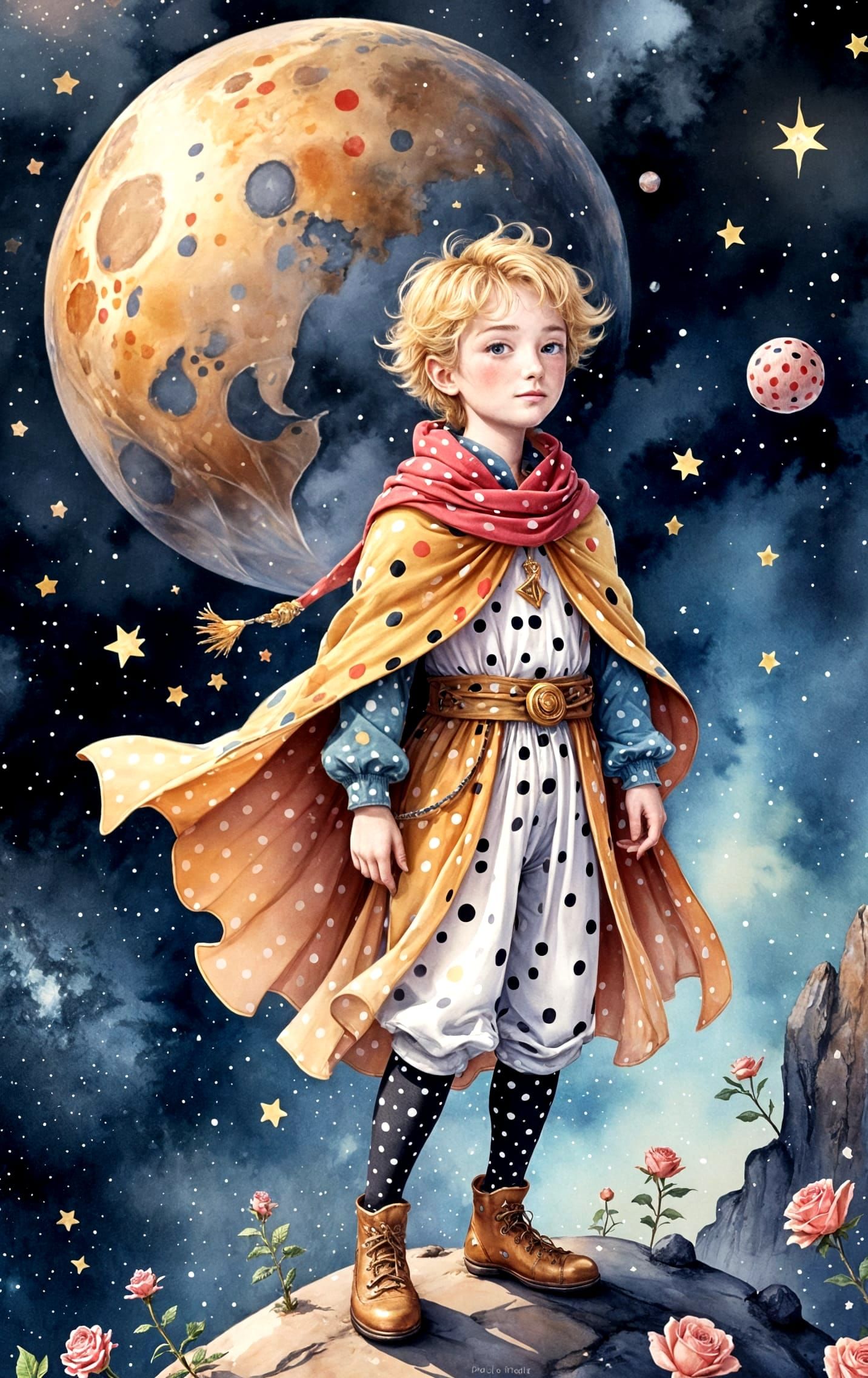 Golden-Haired Prince on Asteroid in Watercolor Style