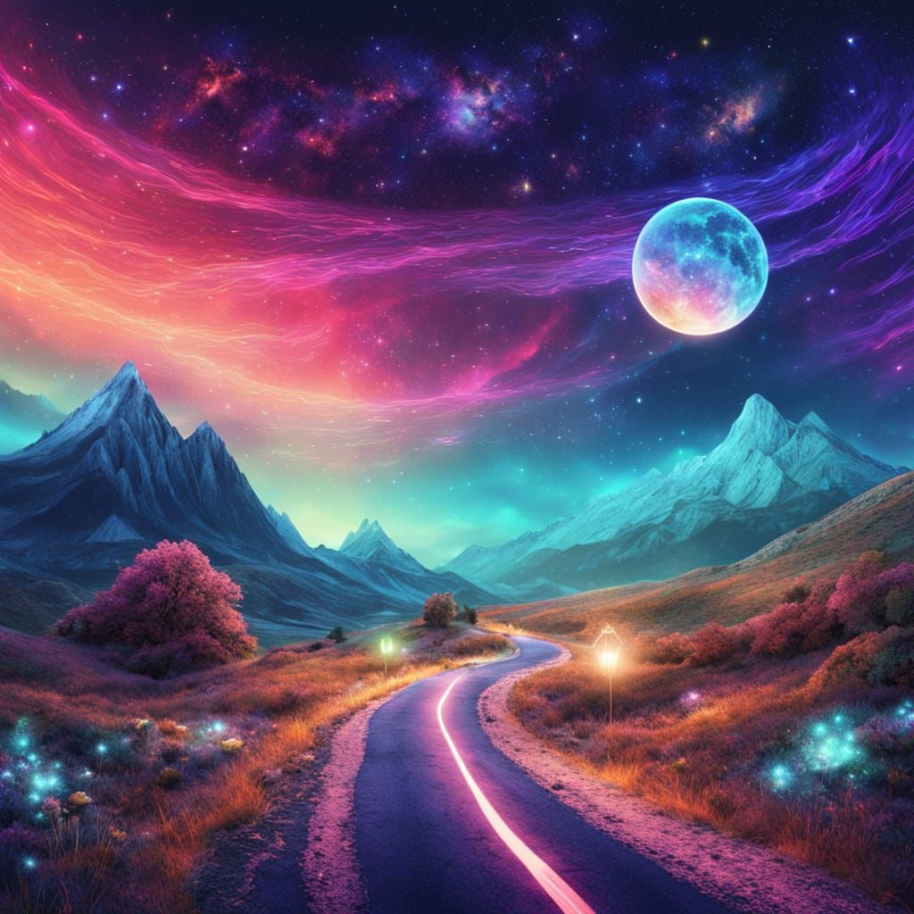 Cosmic Winding Road Through Starry Night Landscape