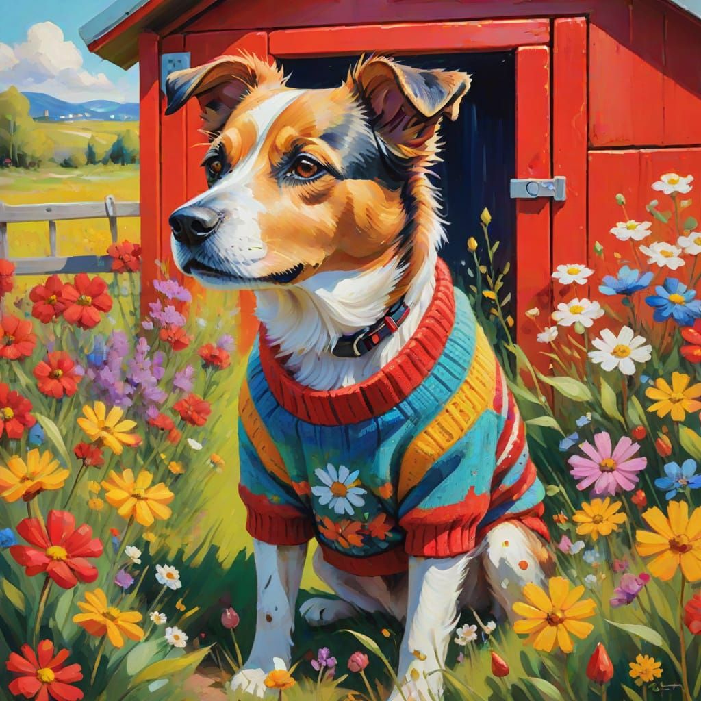 Playful Dog in Colorful Sweater Oil Painting