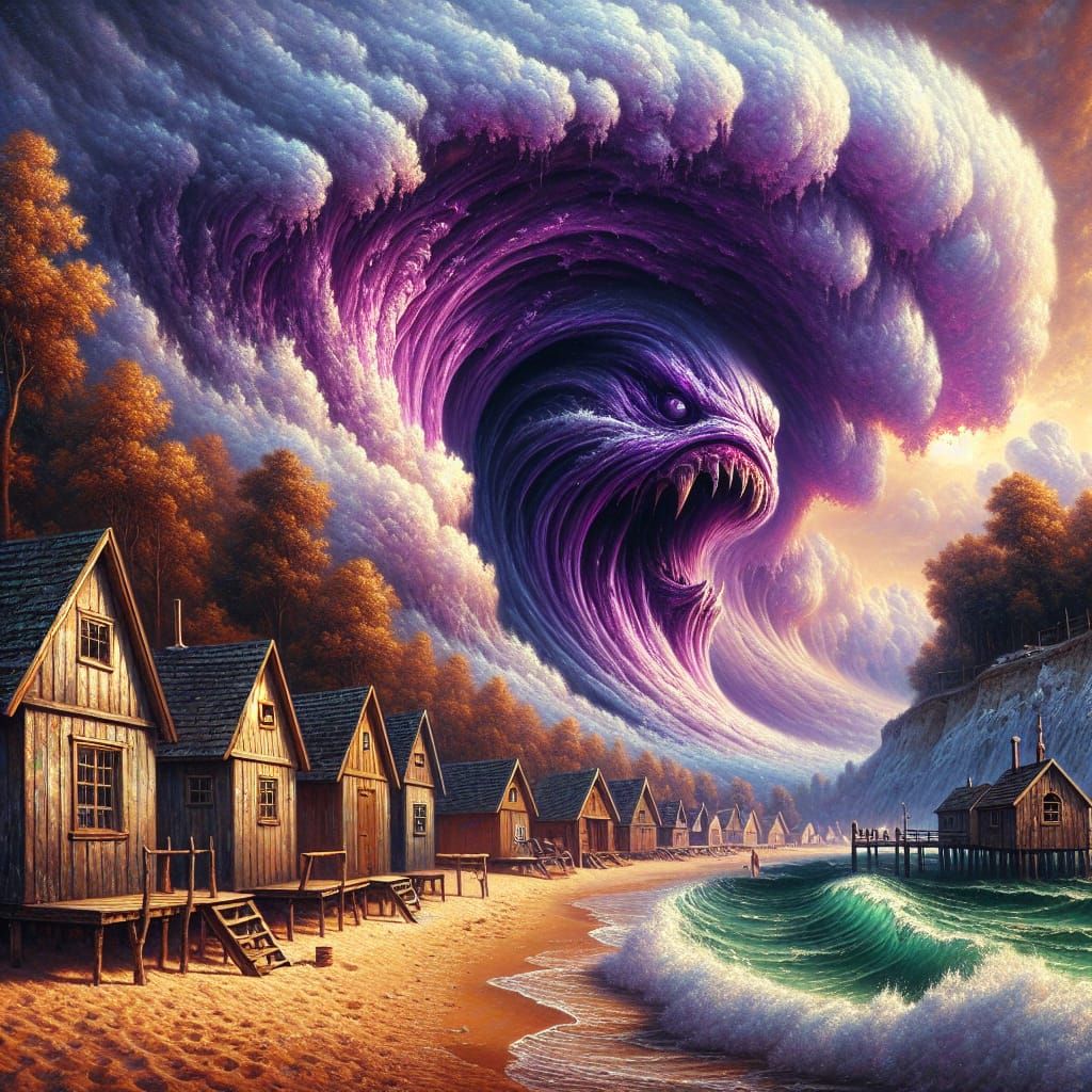 Violet Fury Over Coastal Village in Dramatic Oil Painting
