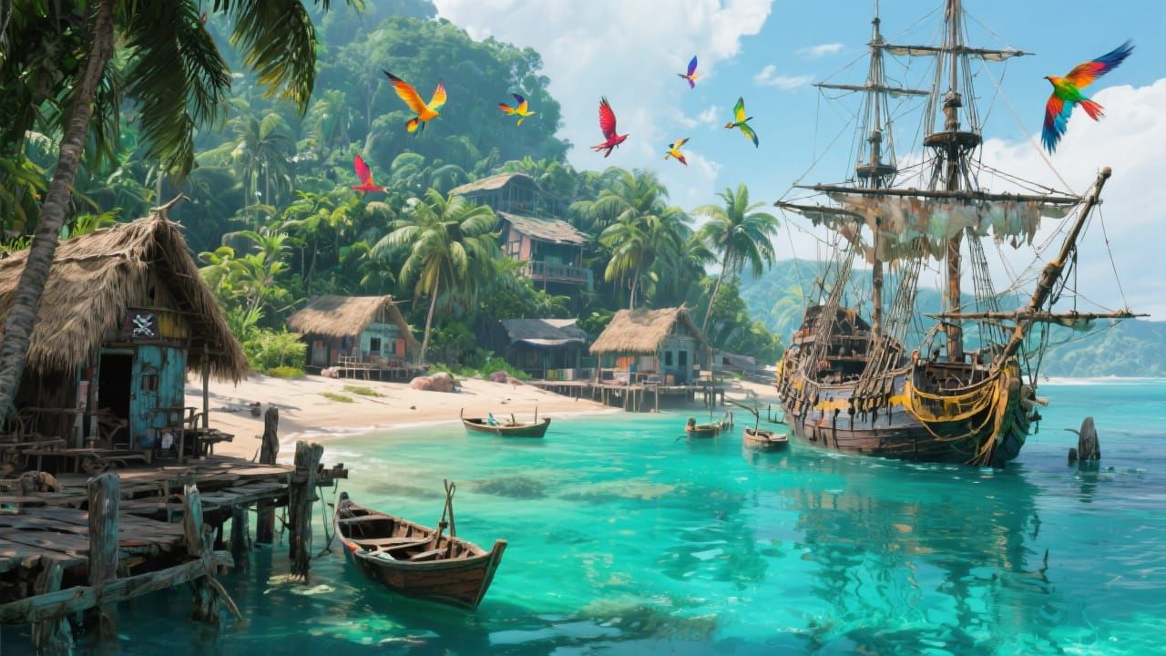 Vibrant Pirate Cove with Weathered Ships
