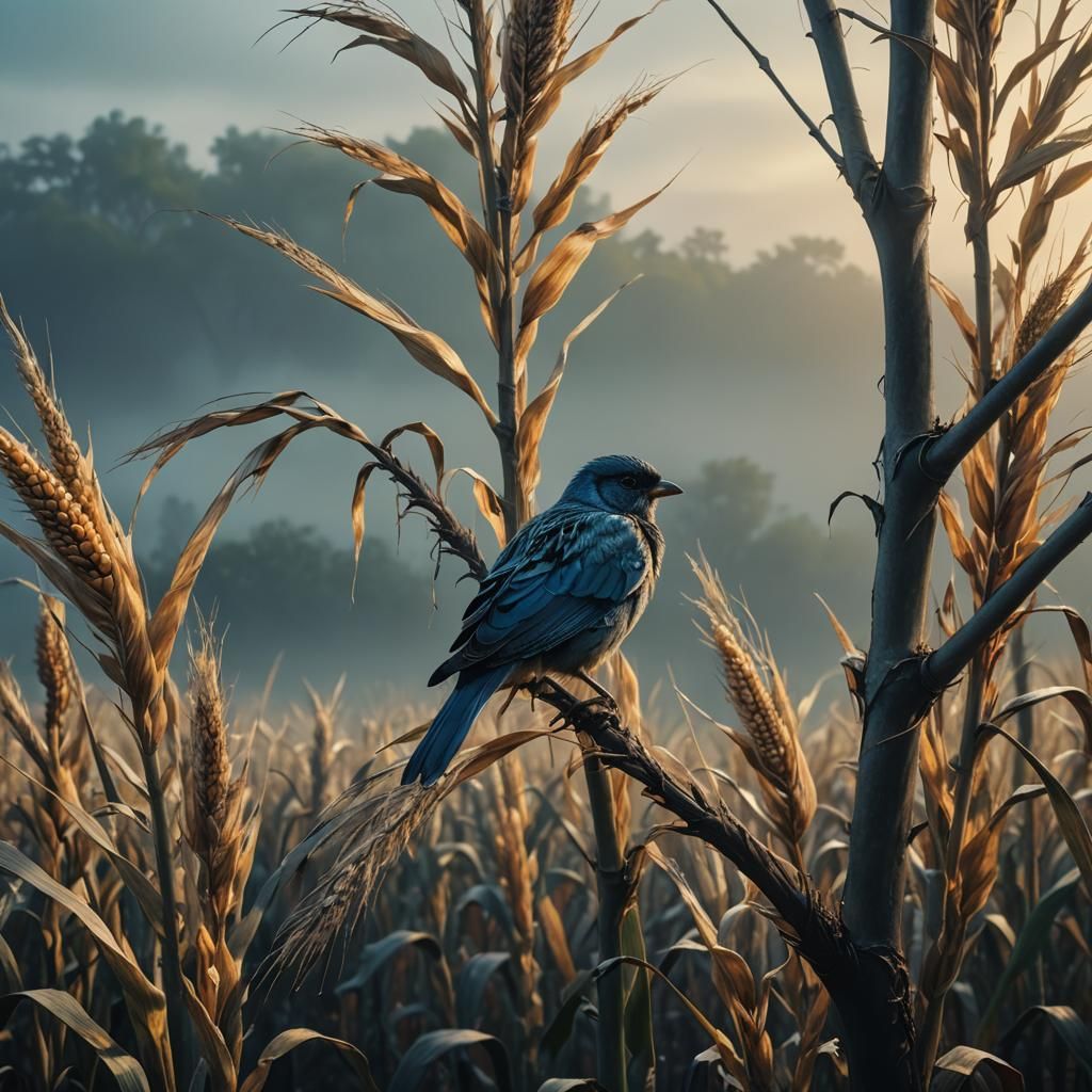 Bird in Misty Cornfield: Cinematic Digital Painting