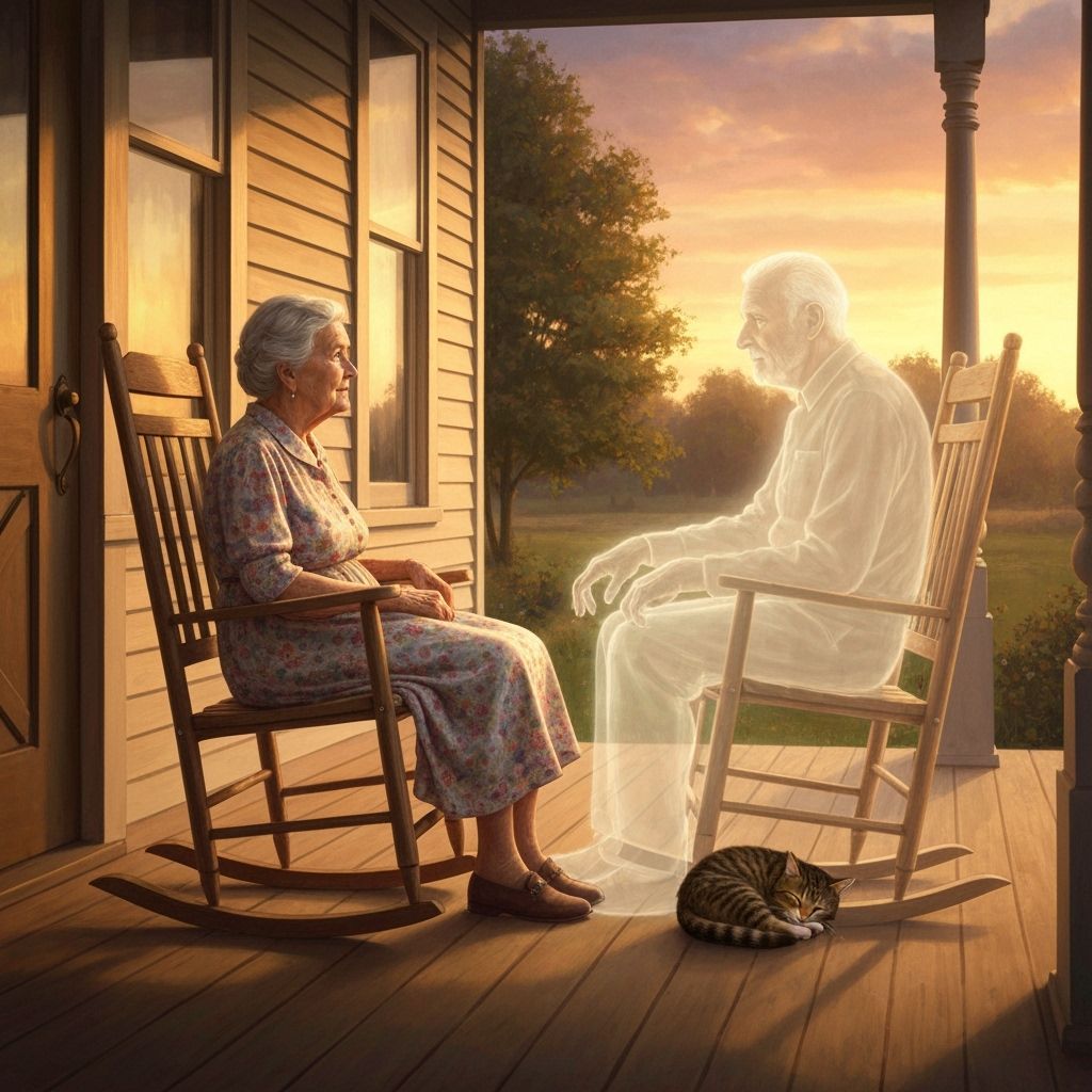 Elderly Woman and Ghost in Nostalgic Farmhouse Scene