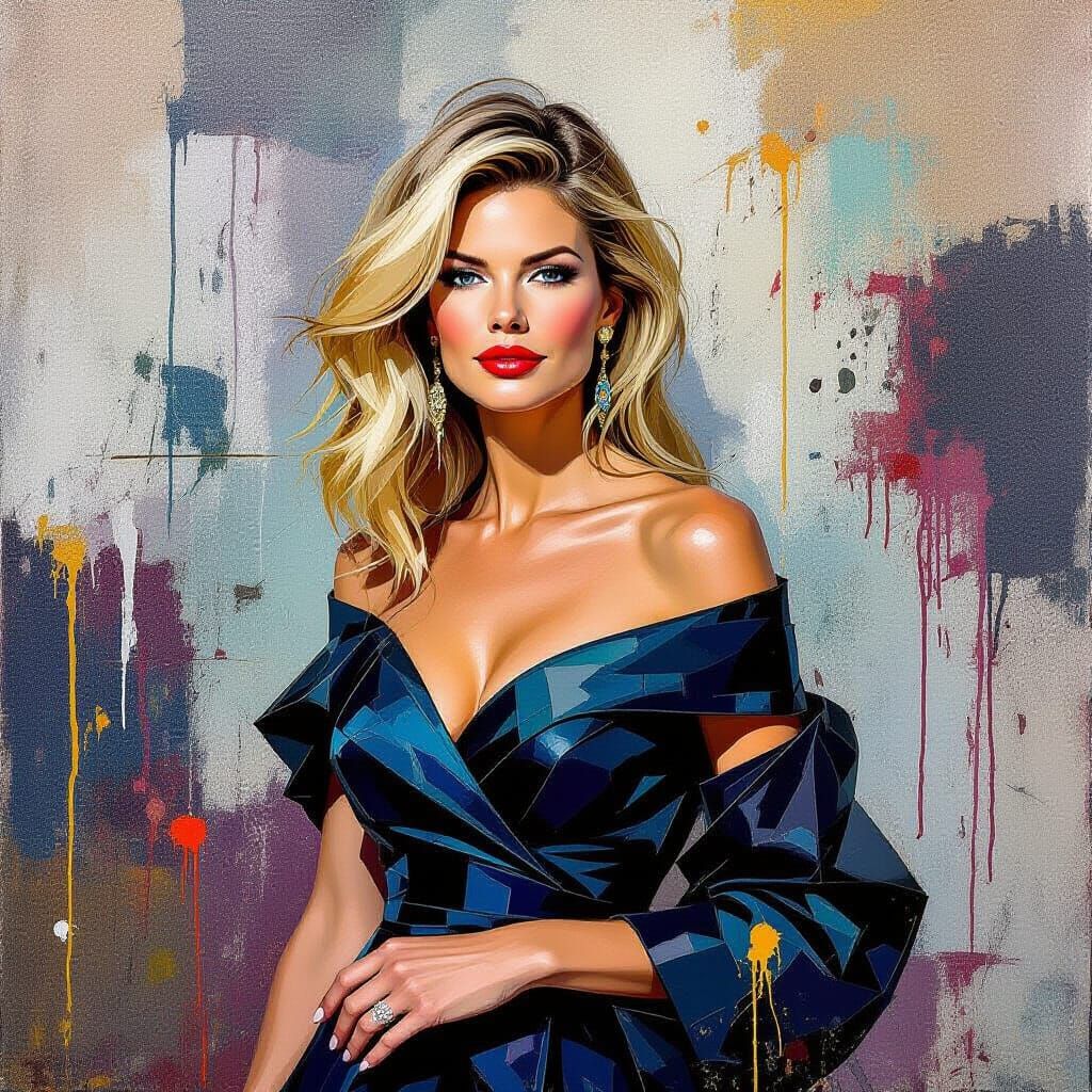 Cubist Portrait of Claudia Schiffer with Paint Splatters